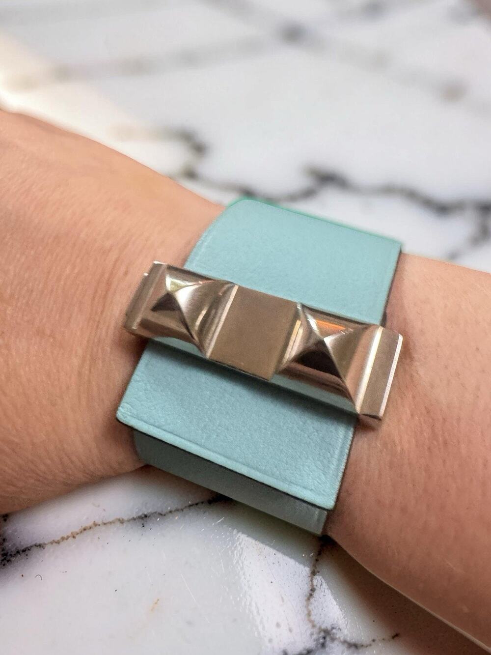 Hermès Médor Leather Cuff Bracelet Blue Palladium Silver Hardware Made France